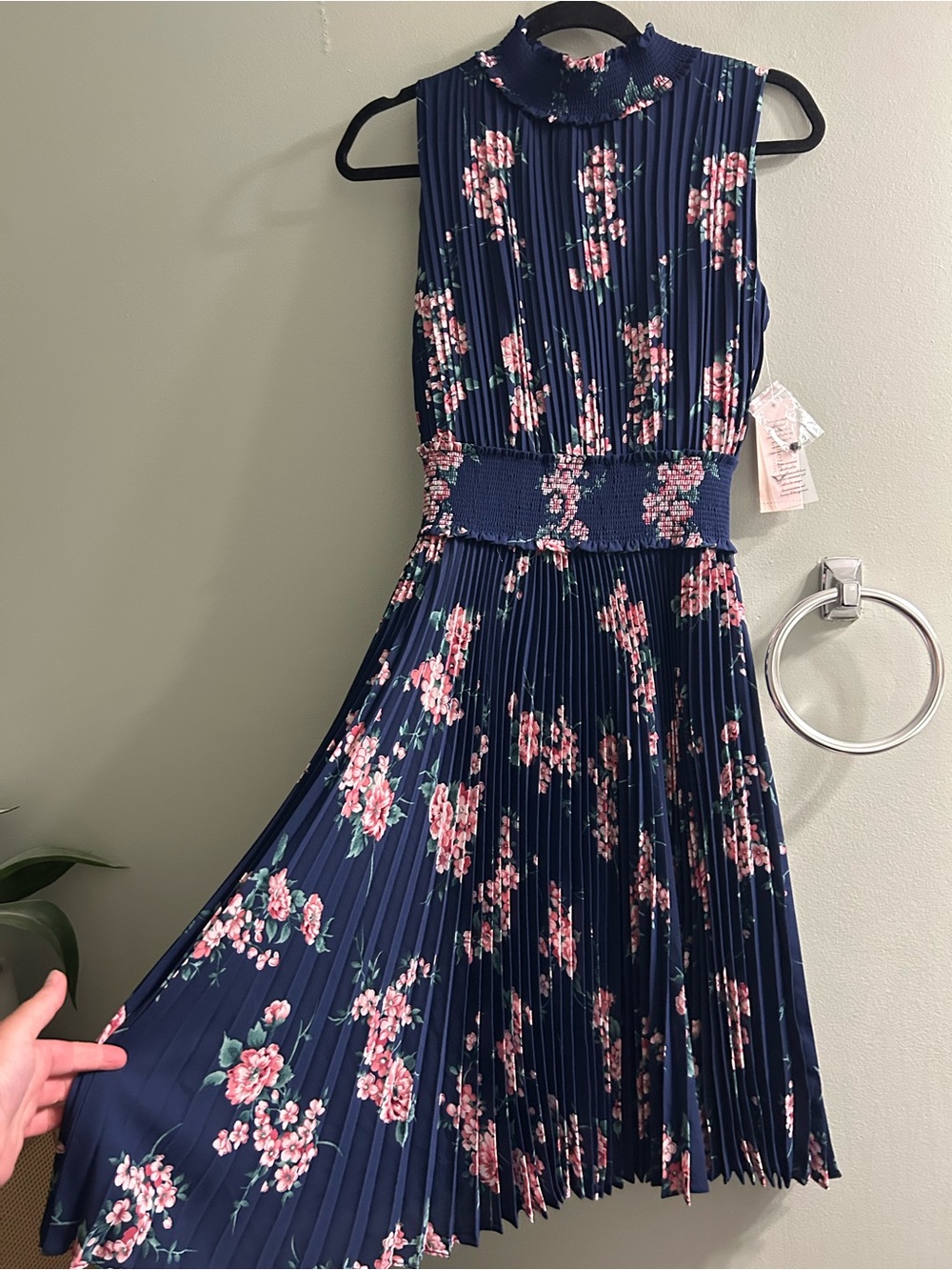 NWT Nanette Lepore navy floral printed pleated dress smocked high neck event
